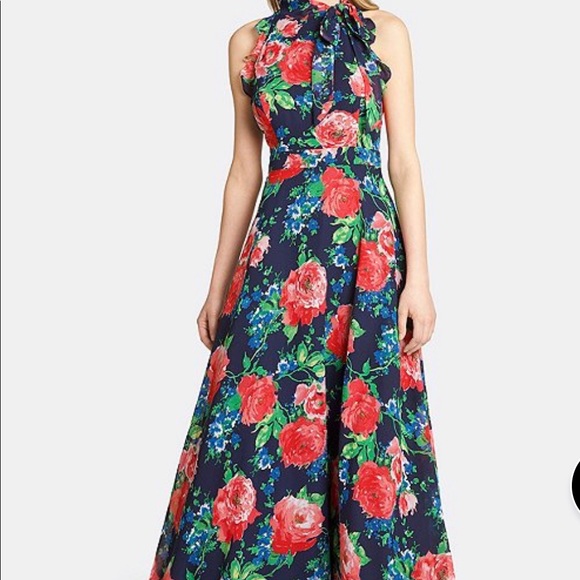 Tahari Dresses & Skirts - Tahari ASL Tie Neck Rose Printed Chiffon Gown